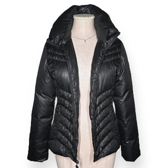 GUESS Puffer Jacket Biker Moto Down Feather Mockneck Gorpcore Chevron Black - Picture 7 of 15